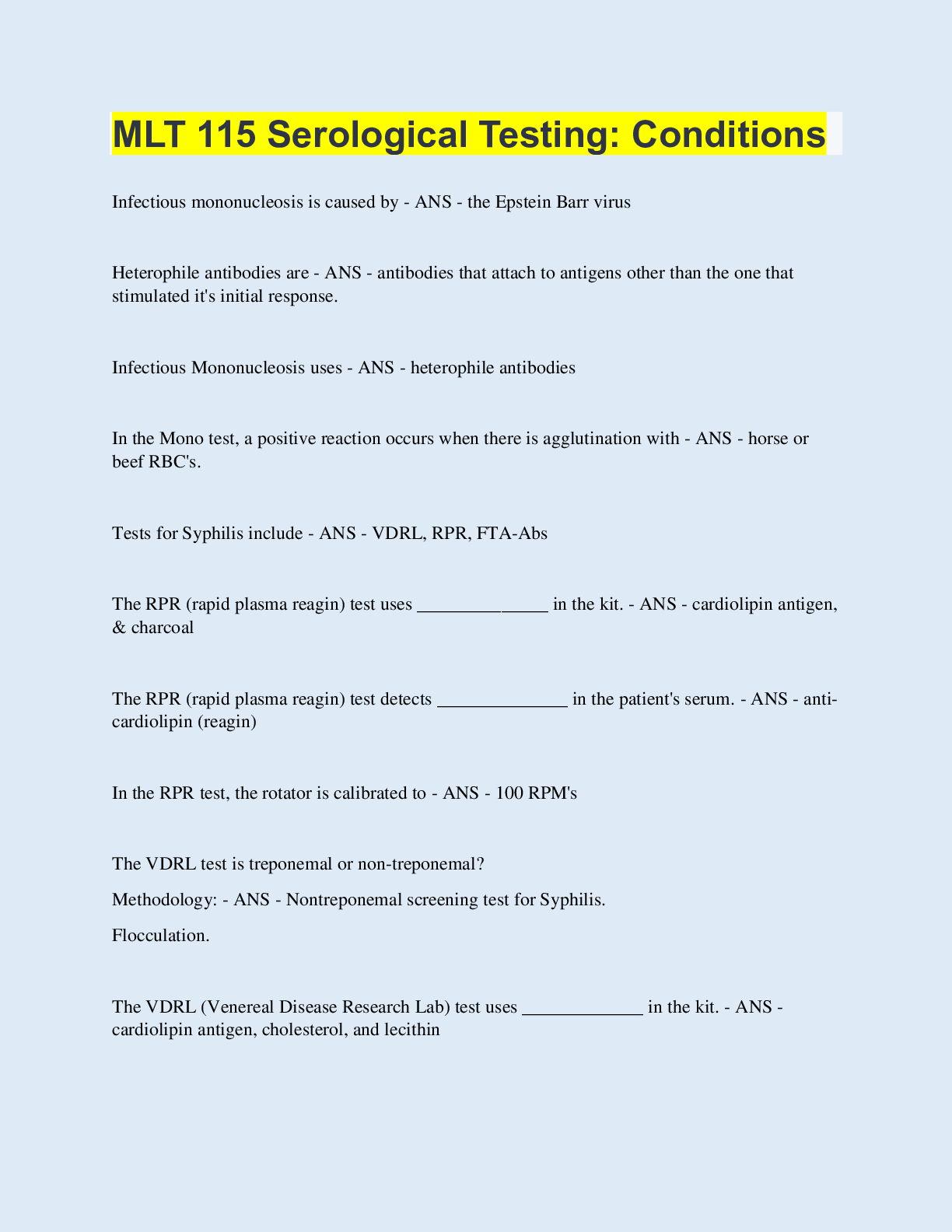 Preview image for MLT 115 Serological Testing: Conditions |with 100% Correct Answers | Updated & Verified